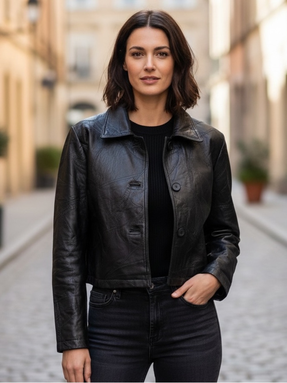 ITALIAN STONE Genuine Leather Black Button-Front Jacket
Medium